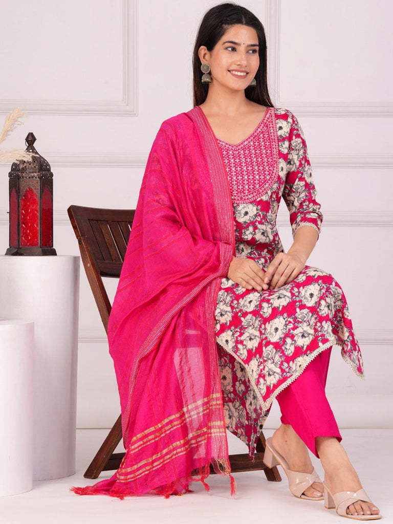 Women's Floral Printed Regular Straight Kurta & Palazzos With Dupatta