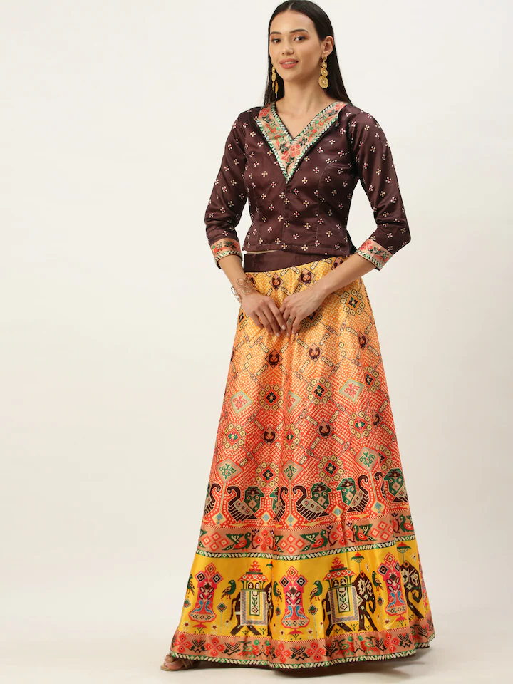 Women's Bandhni Patola Type Digital Print Shiney Satin Croptop Lehenga Choli With Unstitched Blouse