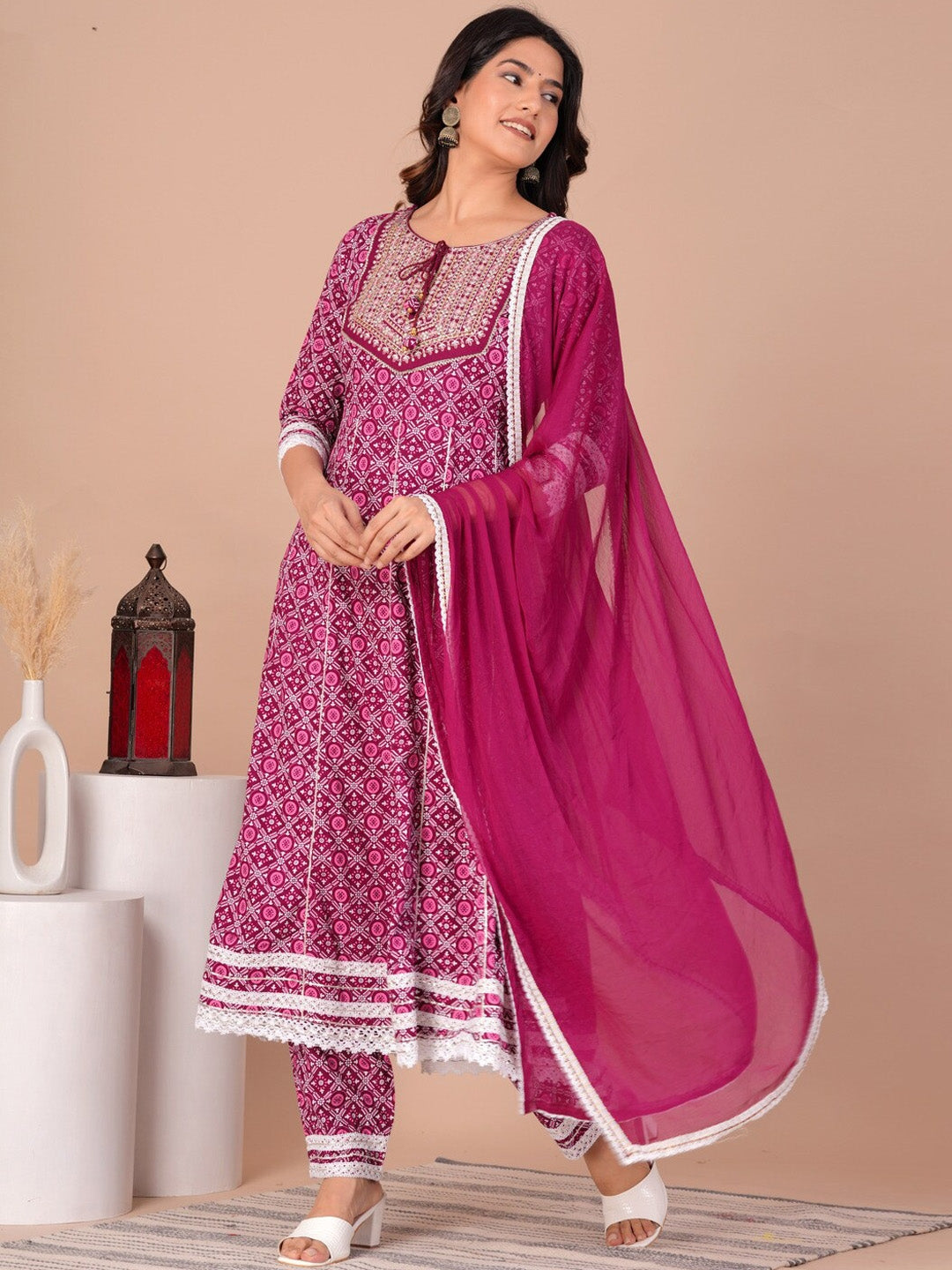 Women's Floral Printed Gotta Patti Anarkali Kurta with Trousers & With Dupatta - Taantav