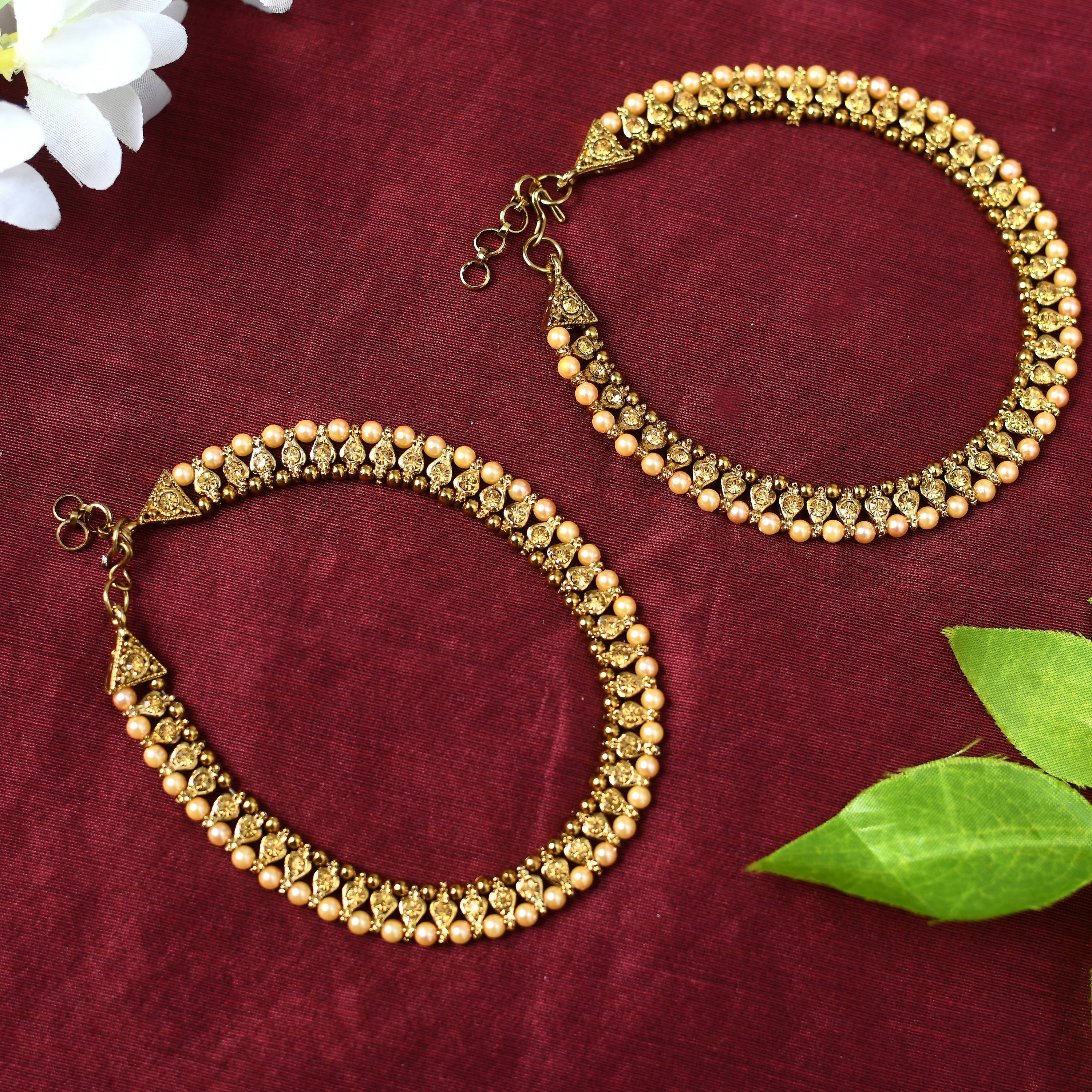 Johar Kamal Gold-Toned Kundan & Pearls Anklets for Women and Gir