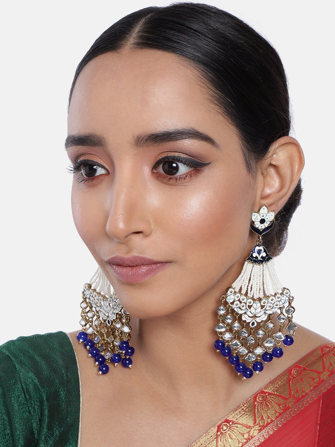 Women's  Blue Gold Plated Ethnic Meenakri Dangler Earrings Studded With Kundan