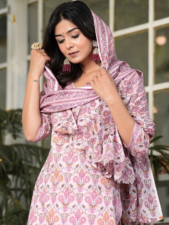 Women's Ethnic Motifs Printed Cotton Straight Kurta with Palazzos & With Dupatta