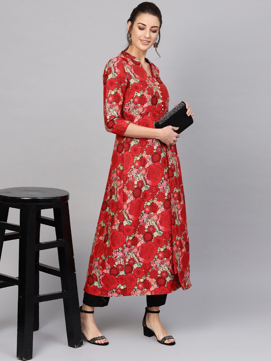 Women's  Red & Green Self Design Longline Ethnic Jacket -