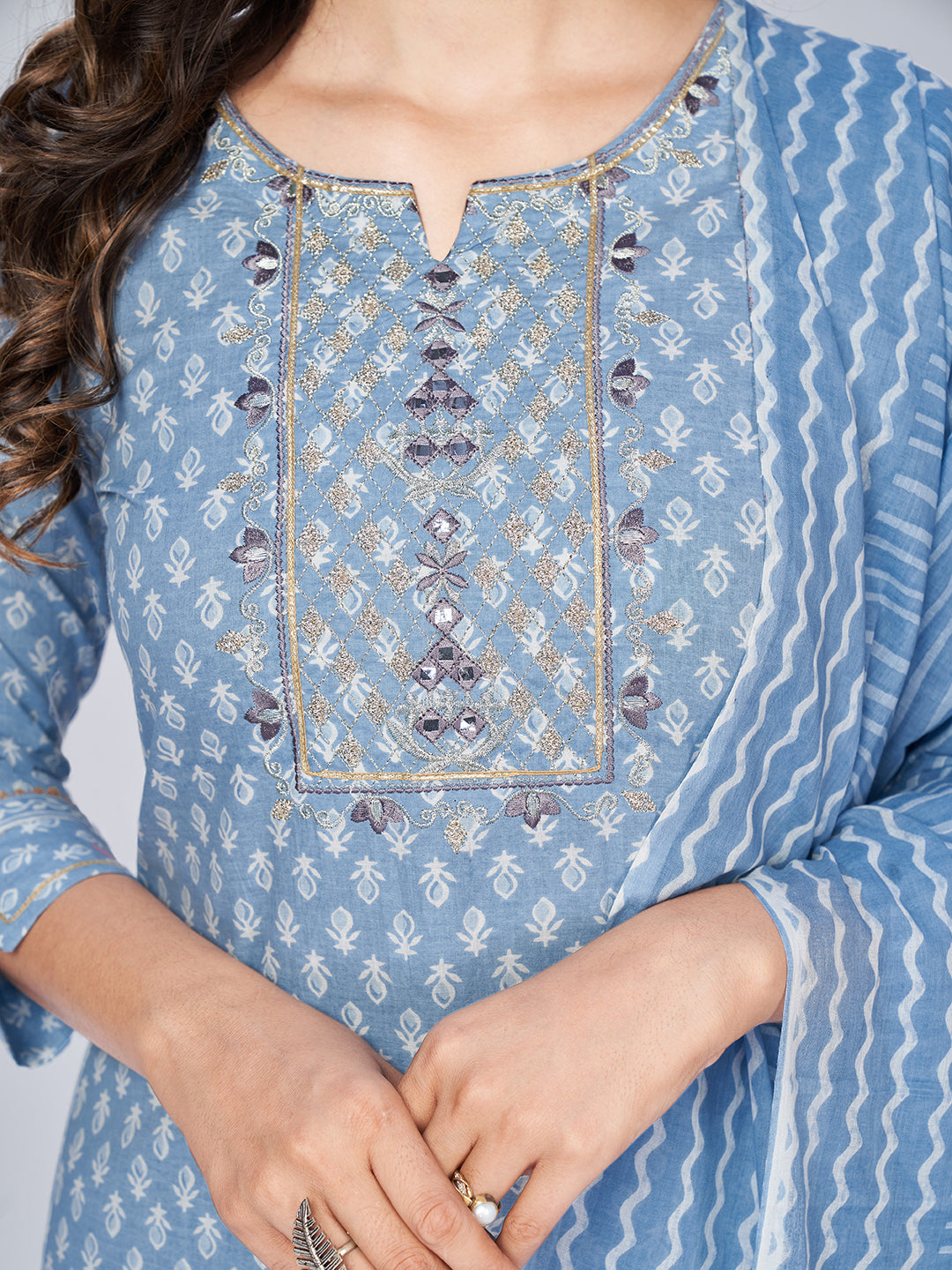 Women's Printed & Embroidered Straight Cotton Sky Blue Kurta Pant With Dupatta (3Pcs Set)