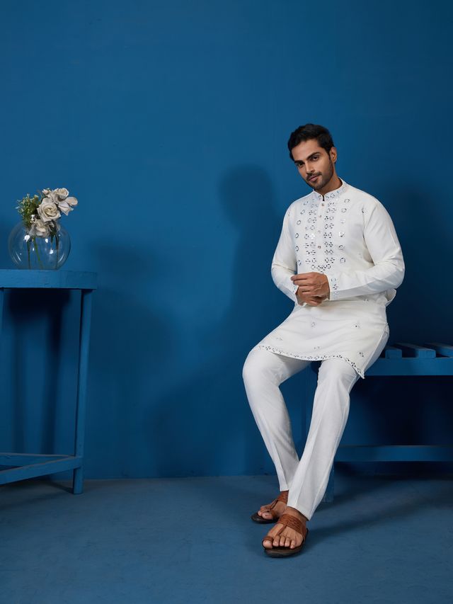 Men's White Viscose Slik Real Mirror Work With Threads Kurta Set