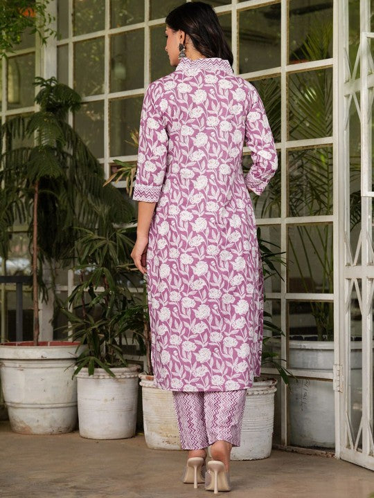 Women's Floral Printed V-Neck Cotton Straight Kurta Trousers & With Dupatta