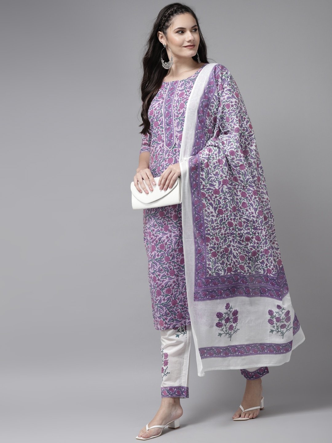 Women's Lavender & White Printed Kurta Set