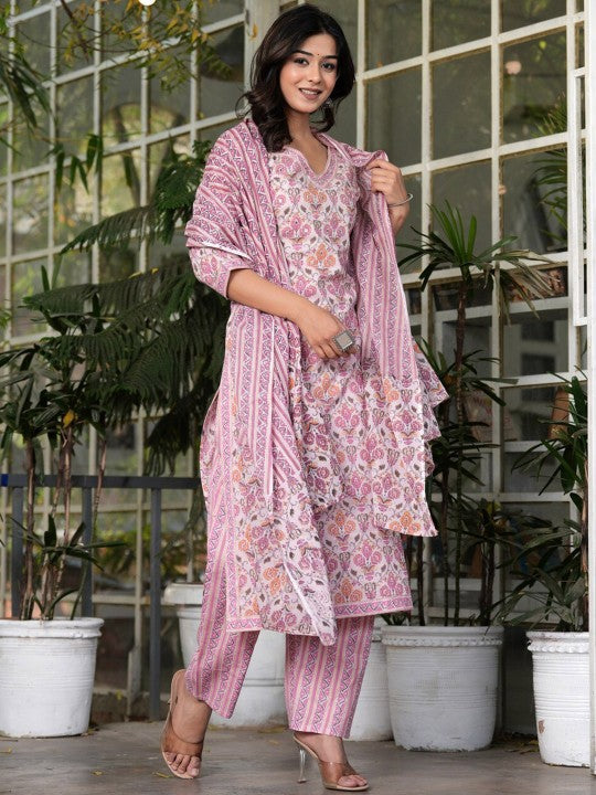 Women's Ethnic Motifs Printed Cotton Straight Kurta with Palazzos & With Dupatta