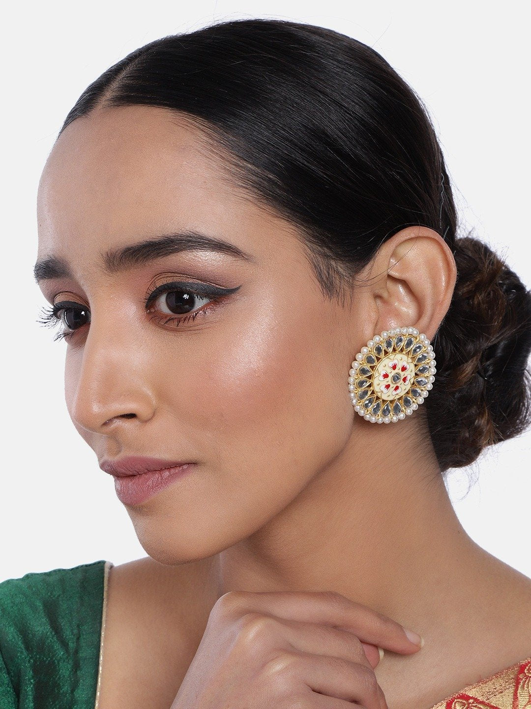 Women's  Gold Plated Round Kundan Pearl Meena Work Handcraft Cream Stud Earring