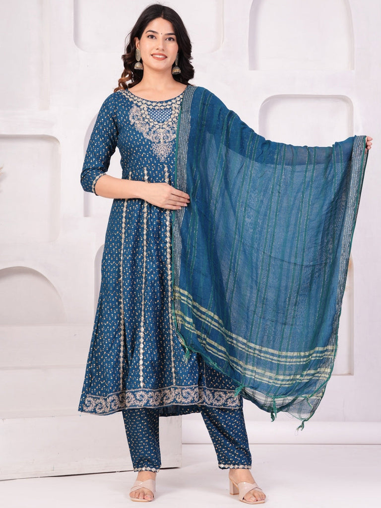 Women's Ethnic Motifs Printed Panelled Thread Work Kurta With Trousers & Dupatta