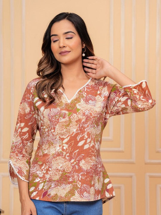 Women's Floral Print Mandarin Collar Shirt Style Top