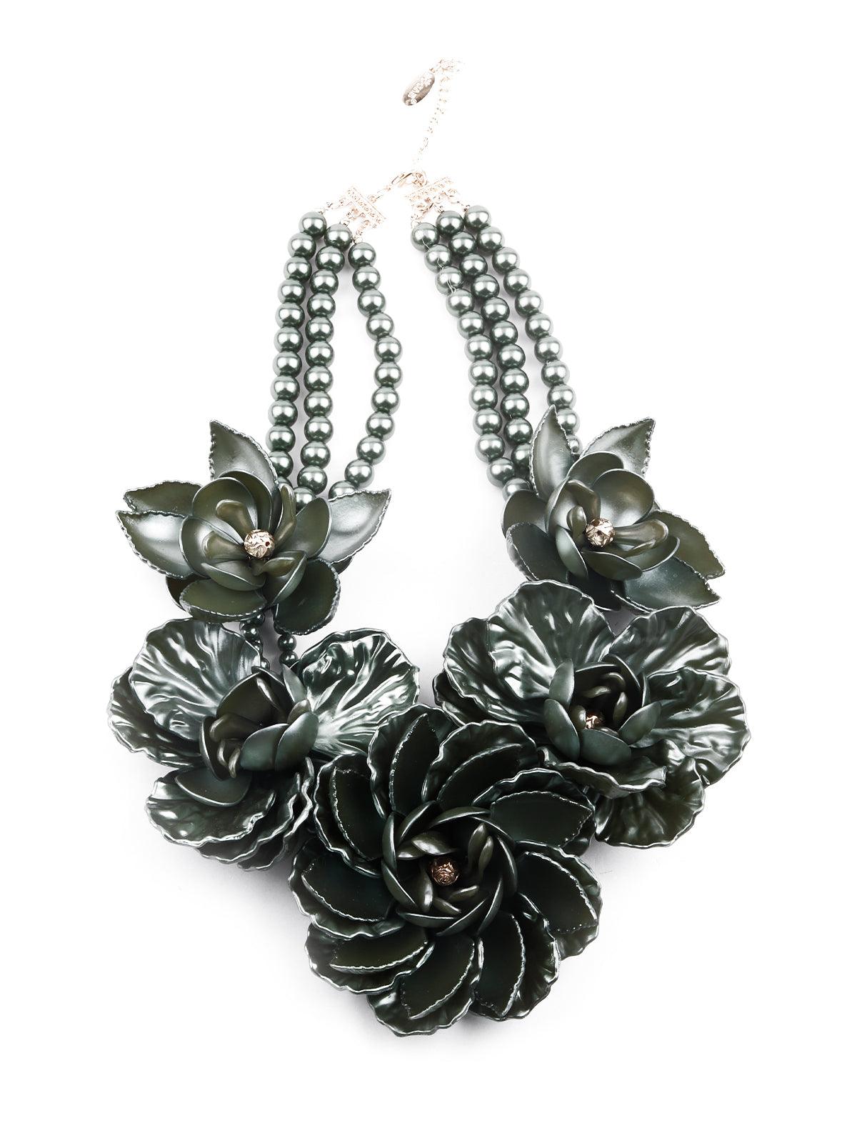 Women's Deep Green Gorgeous Rose Statement Necklac