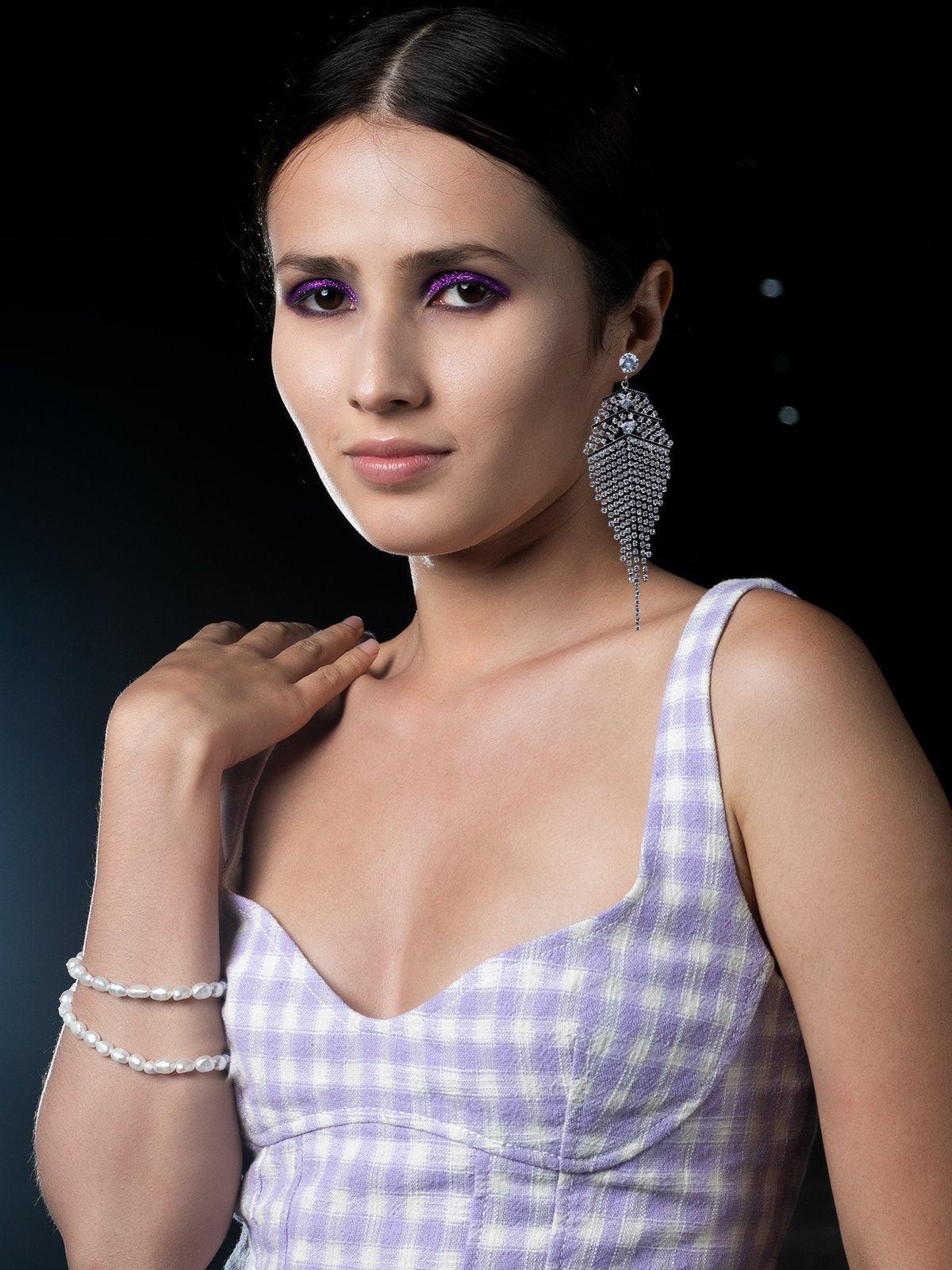 Women's Delicate Silver-Studded High-Low Tassel Earring