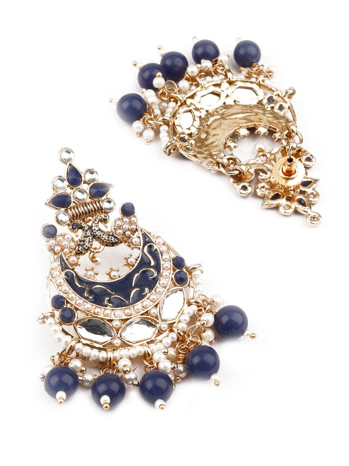 Women's Designer Blue And Gold Chandbali For Wome