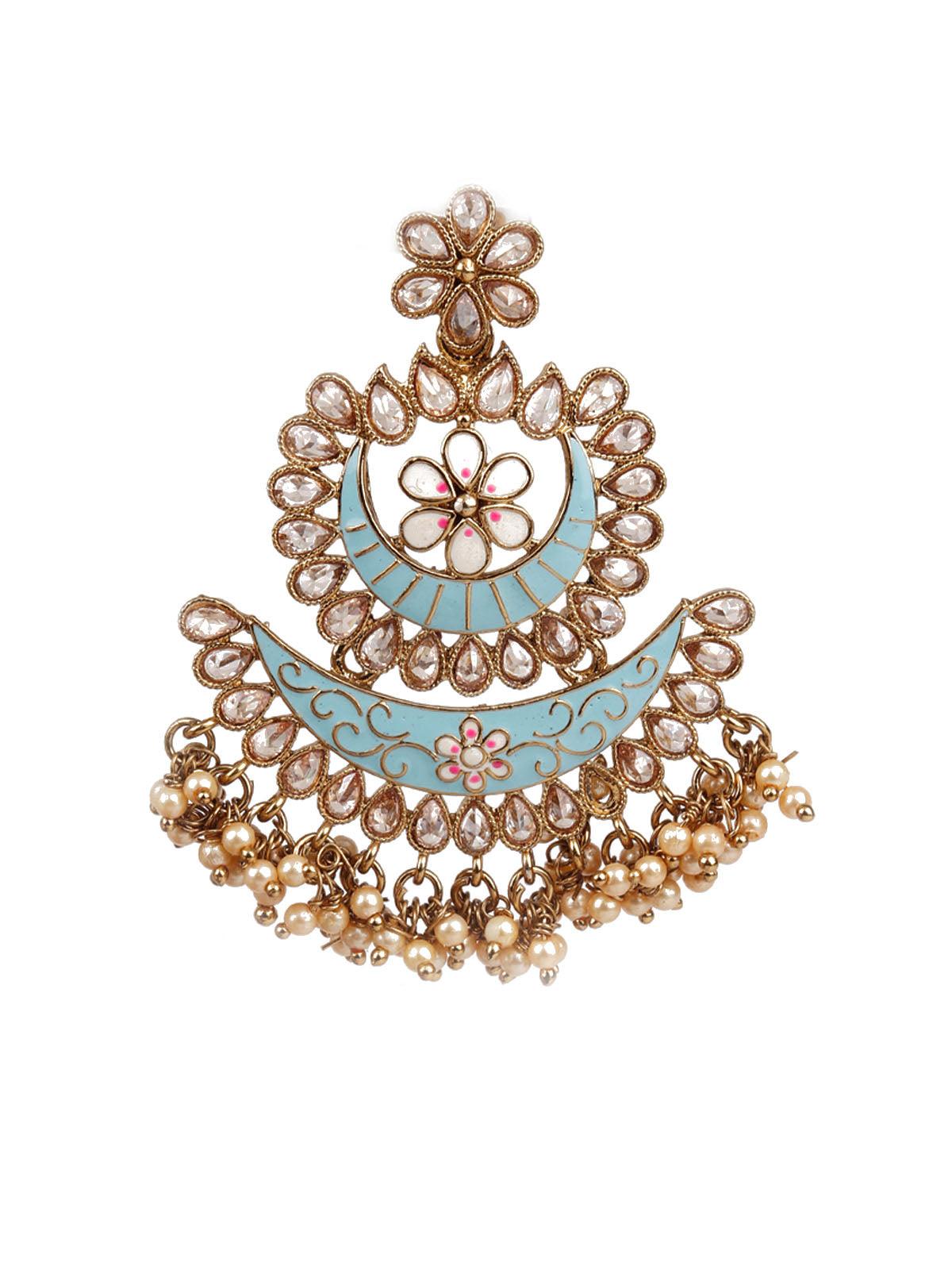 Women's Designer Blue And Gold Layered Chandbali Earring