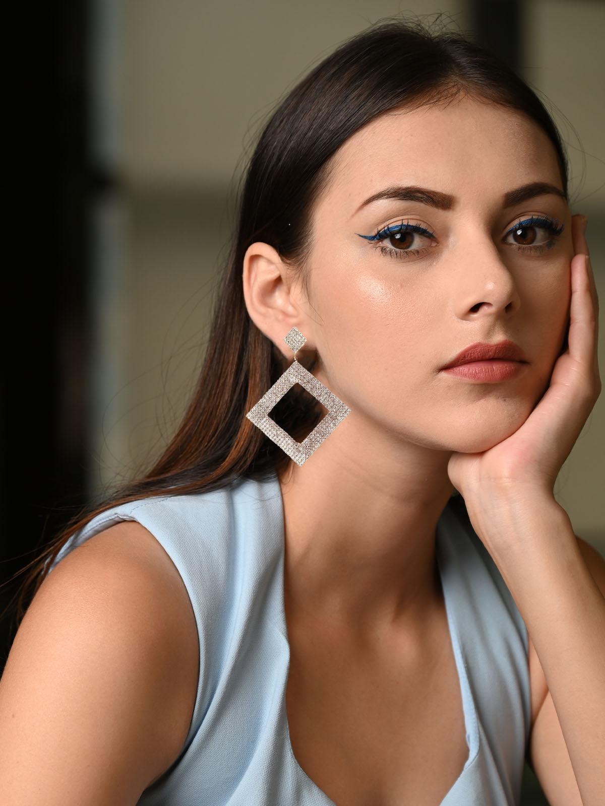 Women's Designer Diamond-Shaped Crystal-Studded Earring