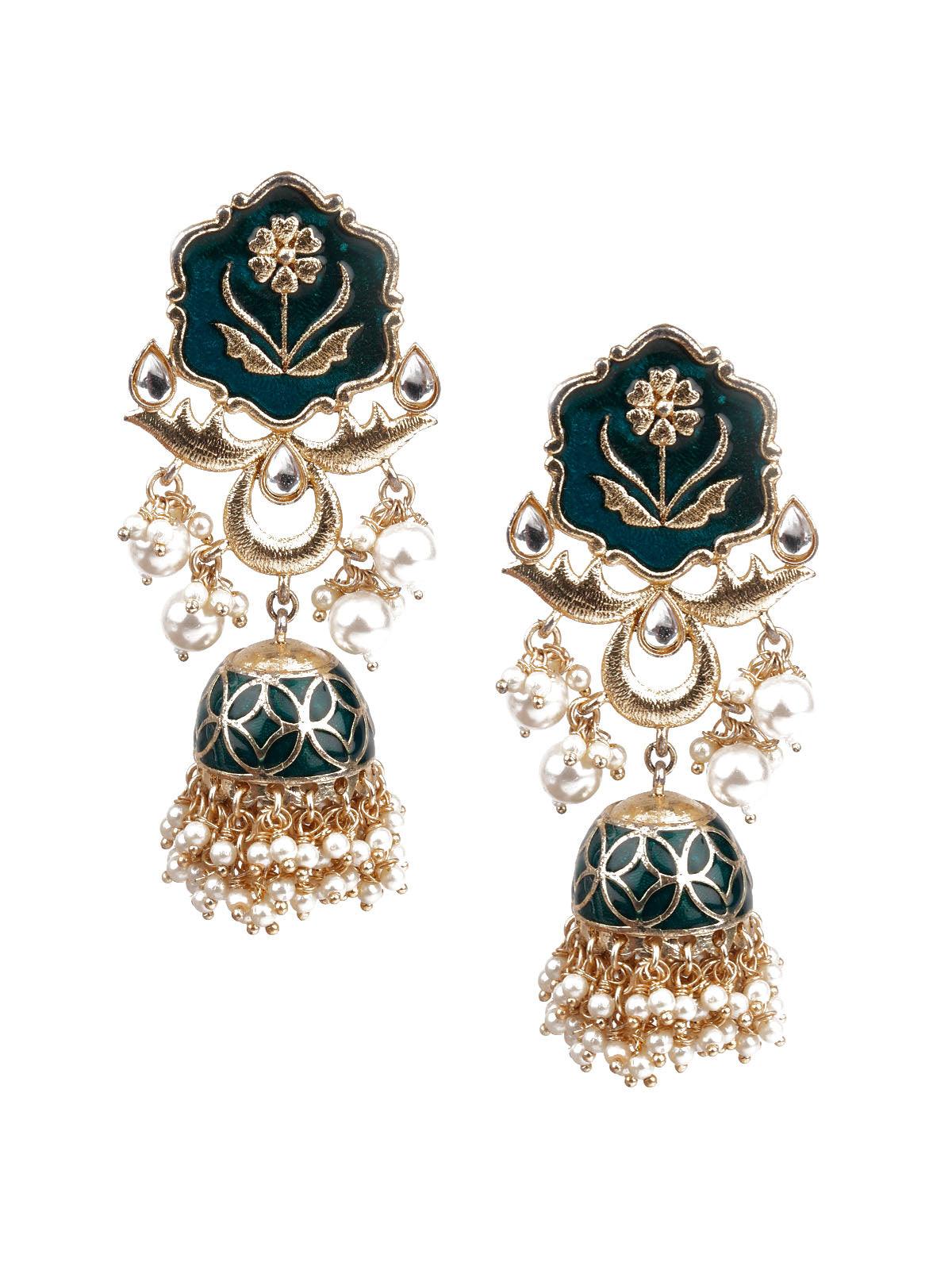 Women's Designer Green And Gold Dangle Jhumki Earring