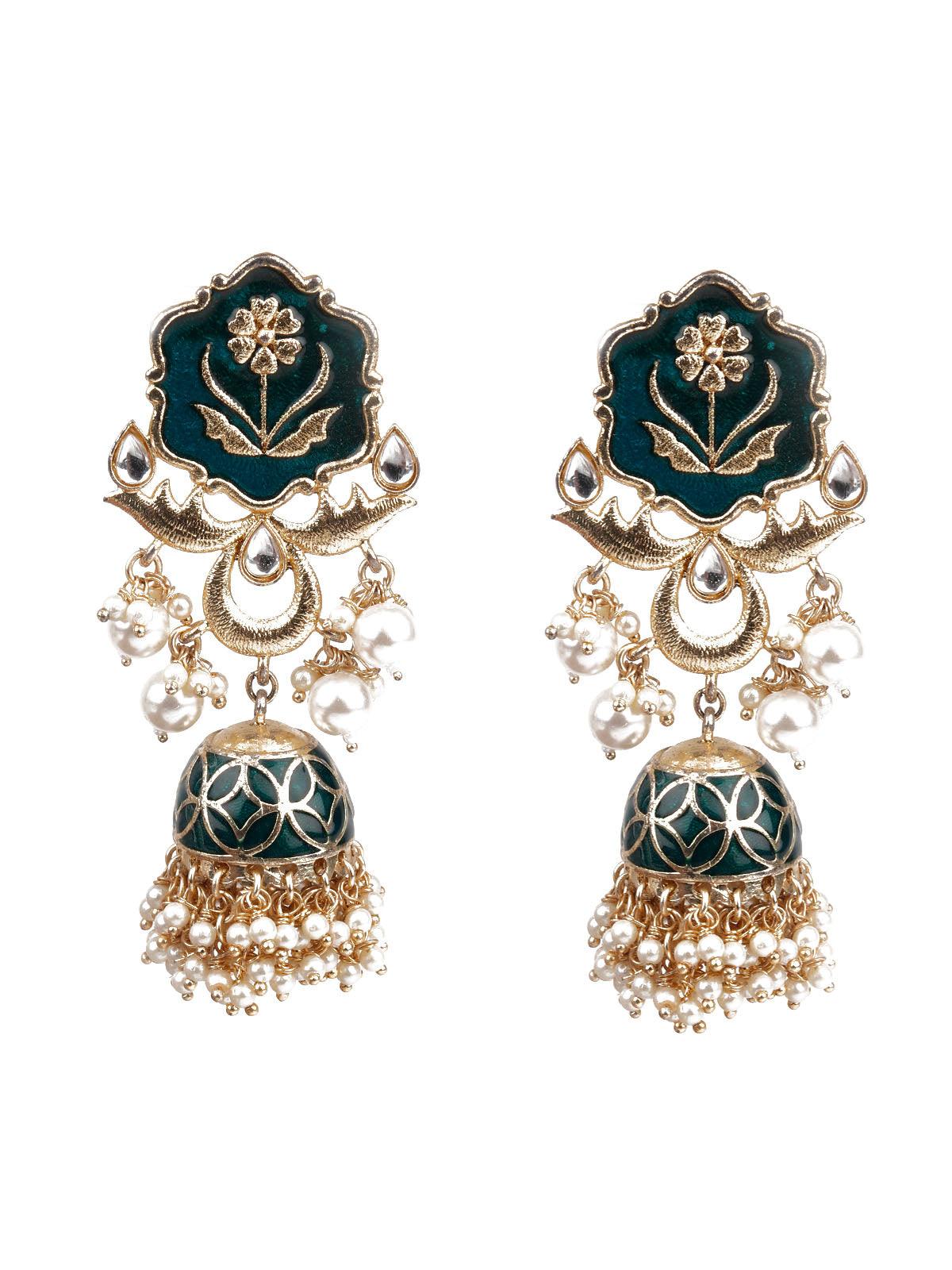 Women's Designer Green And Gold Dangle Jhumki Earring