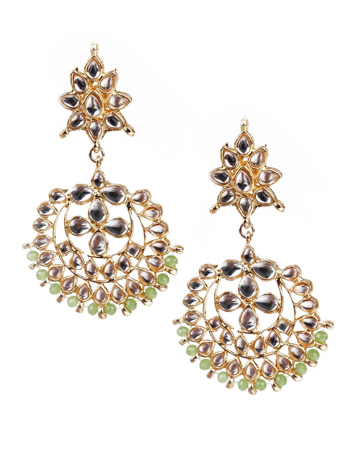 Women's Designer Green And Gold Dangler Earrings And Mangtik