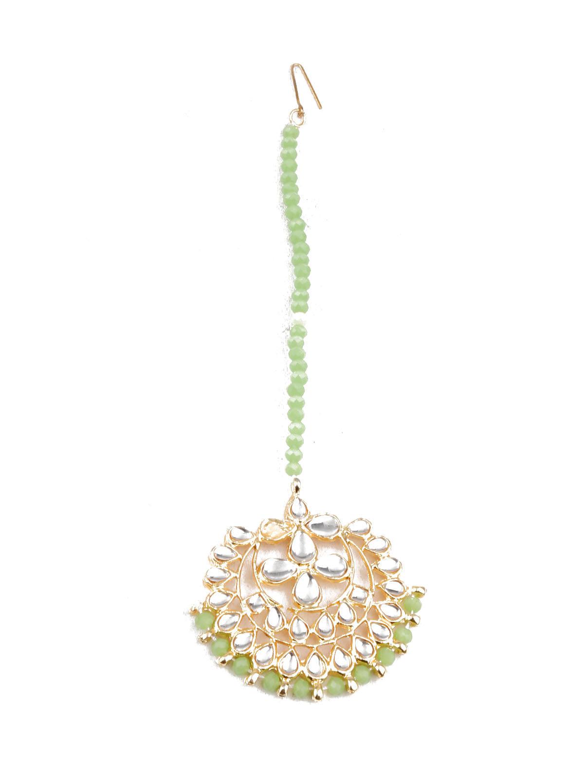 Women's Designer Green And Gold Dangler Earrings And Mangtik