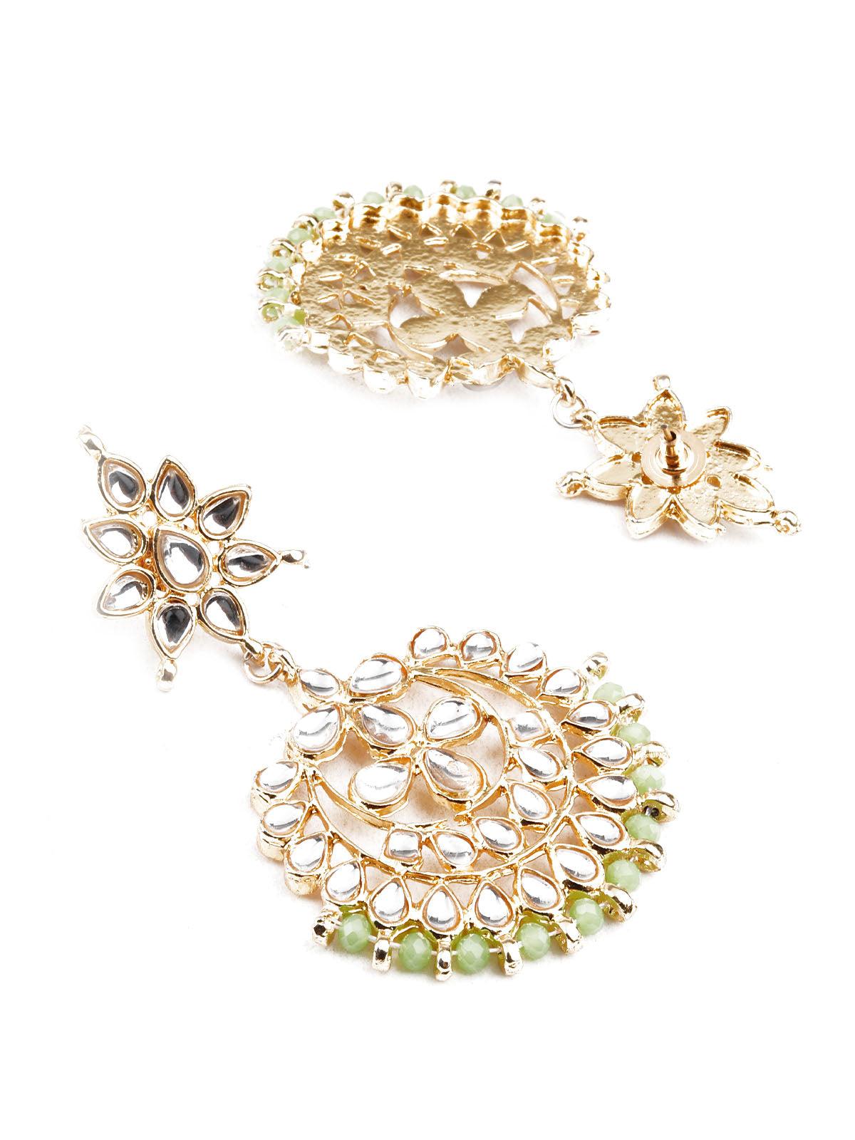 Women's Designer Green And Gold Dangler Earrings And Mangtik