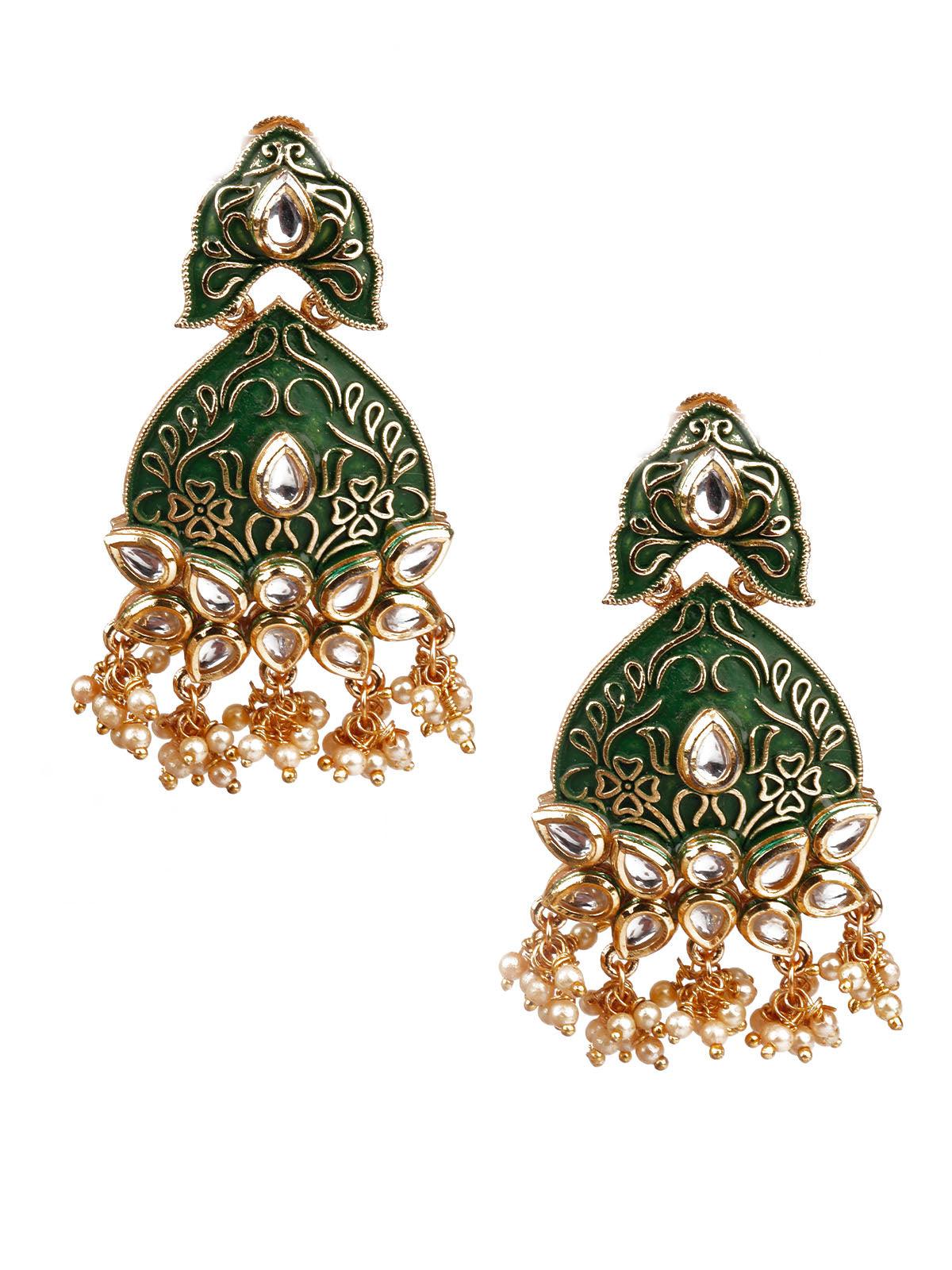 Women's Designer Green And Gold Danglers For Wome