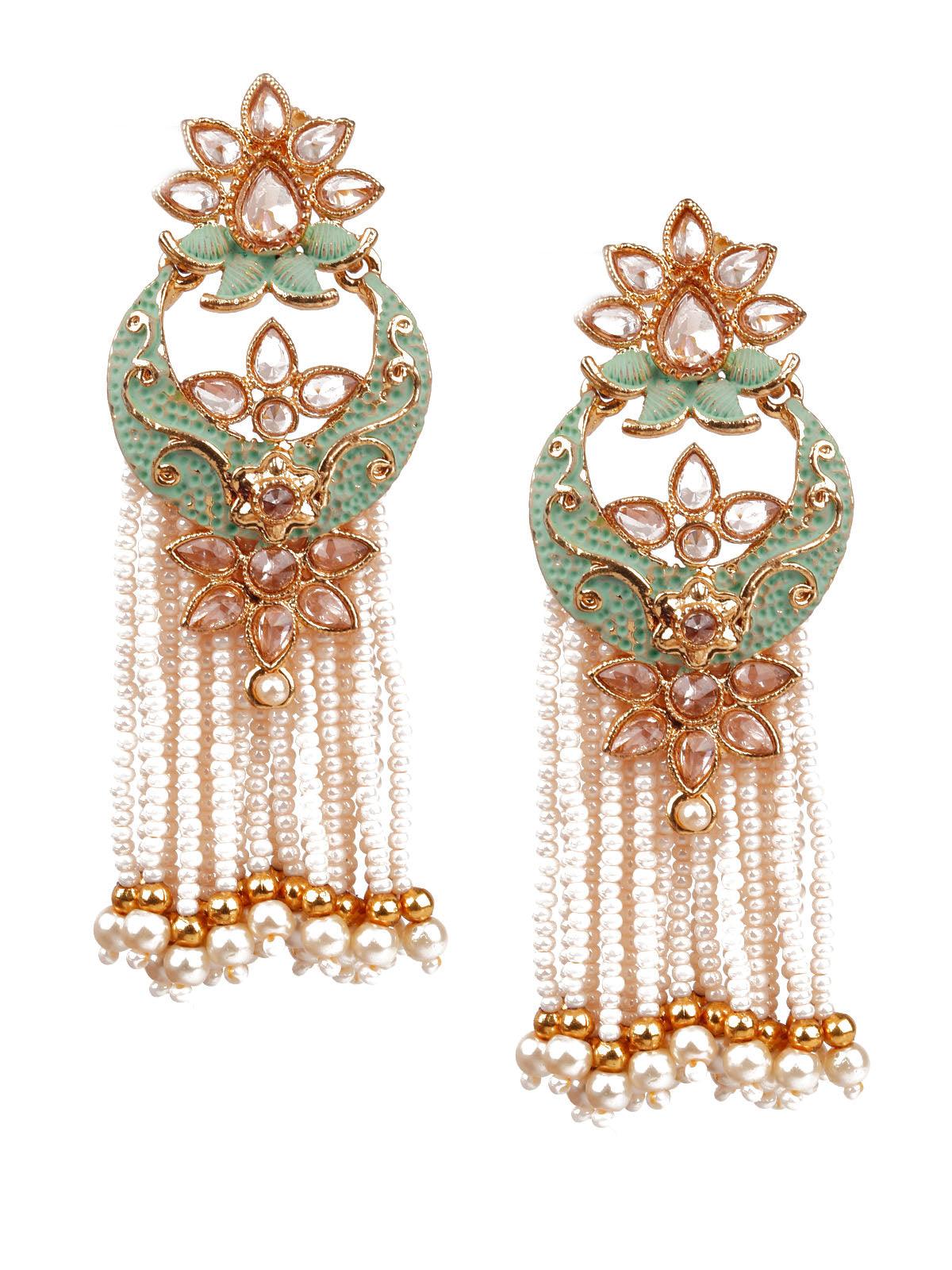 Women's Designer Green And Gold Meenakari Chandbali Earrings For Wome