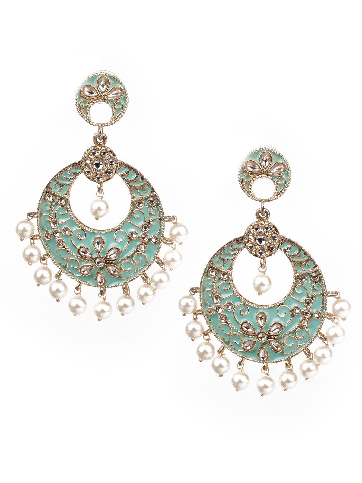 Women's Designer Green And Gold Meenakari Chandbali Earrings For Wome