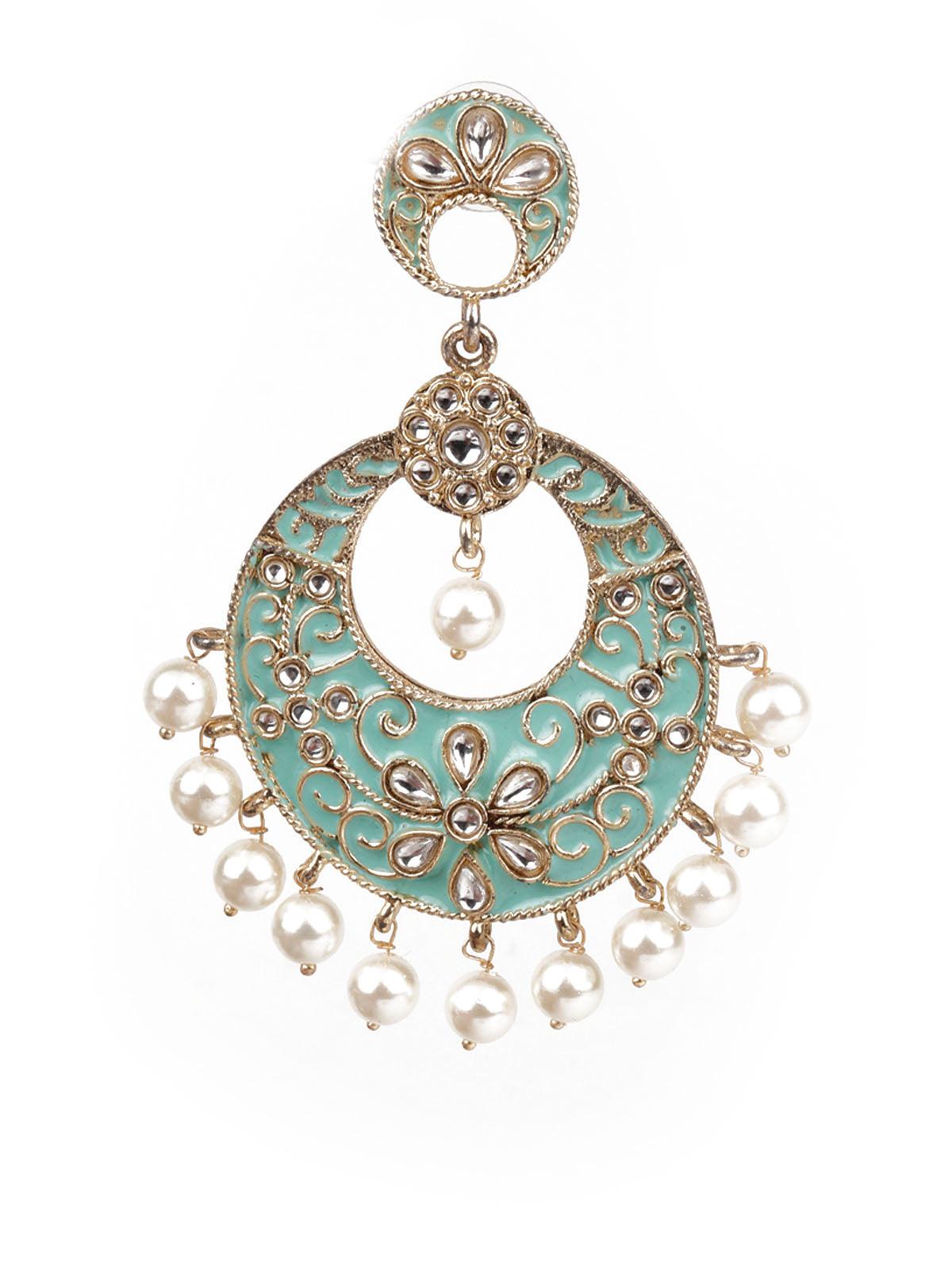 Women's Designer Green And Gold Meenakari Chandbali Earrings For Wome