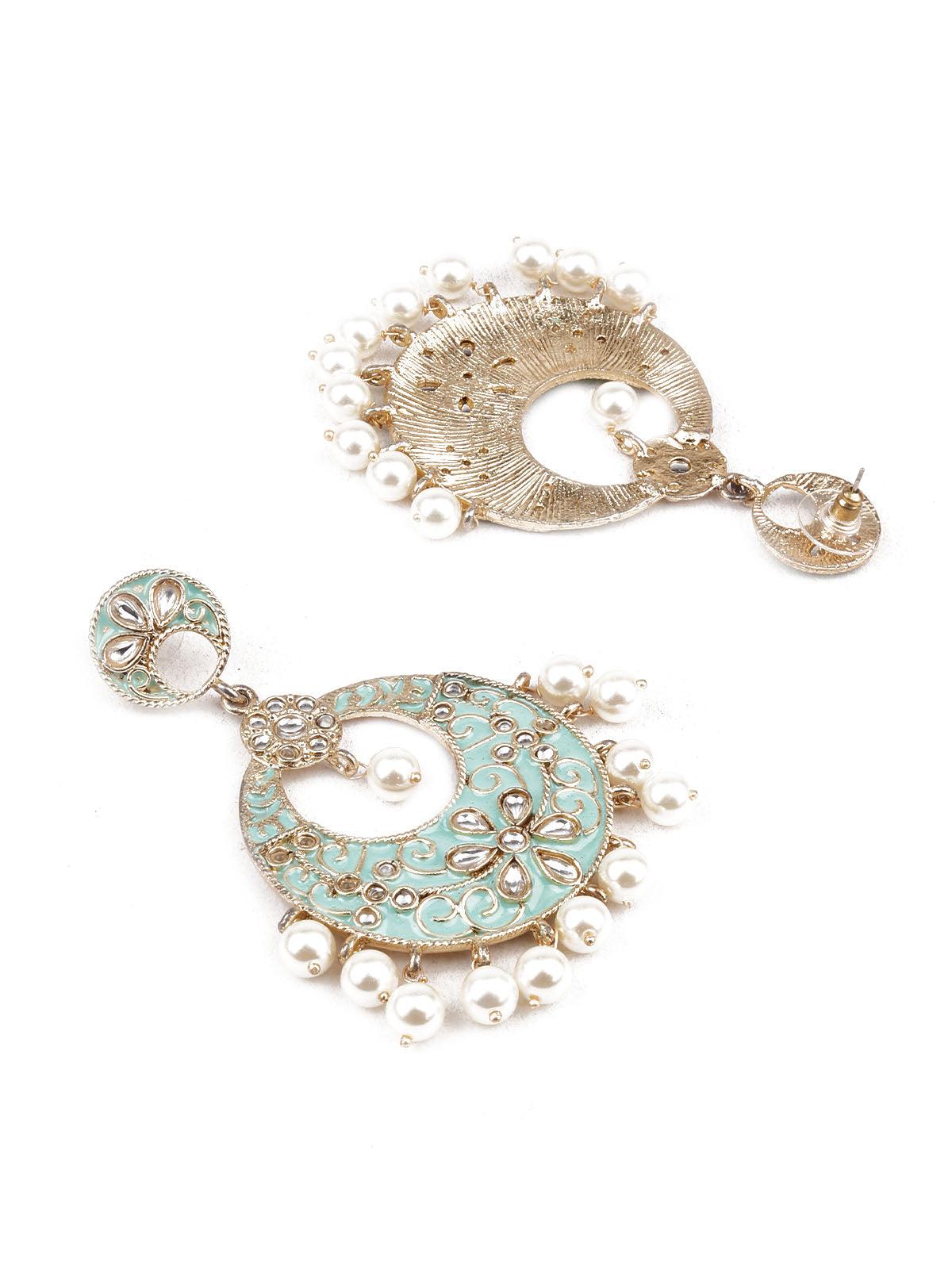 Women's Designer Green And Gold Meenakari Chandbali Earrings For Wome
