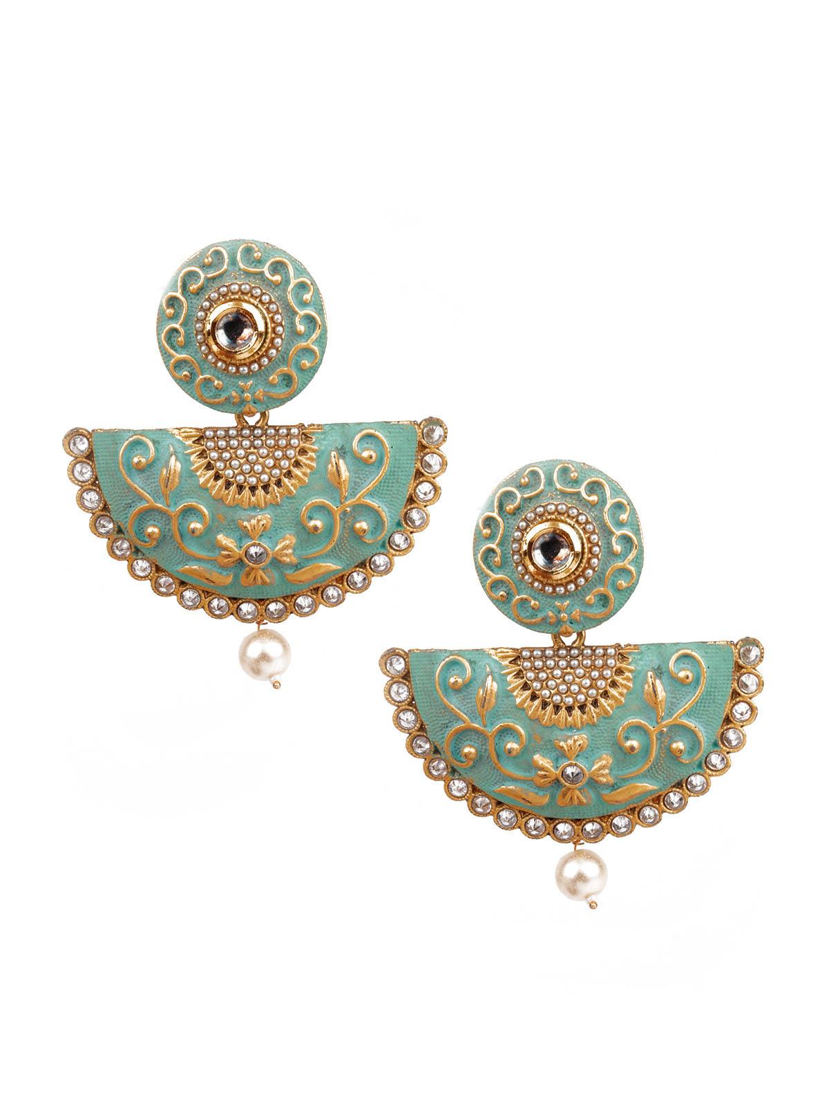 Women's Designer Green And Gold Meenakari Danglers For Wome