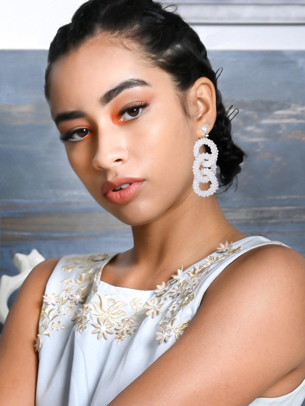 Women's Designer Overlapping White Beaded Hoop Earring
