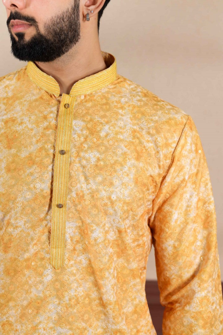 Men's Gold Cotton Blend Solid Kurta - Panjari Store