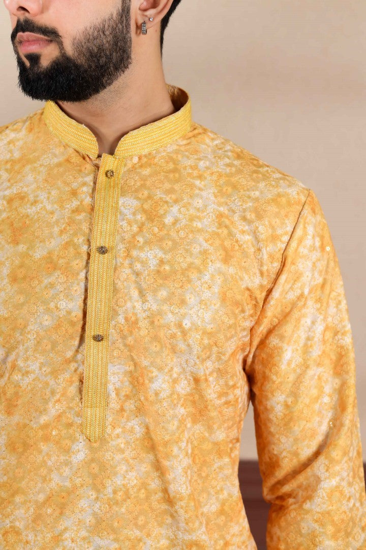 Men's Gold Cotton Blend Solid Kurta Set - Panjari Store