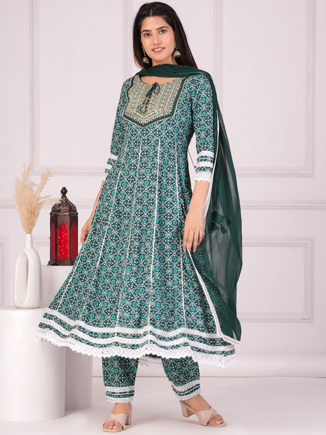 Women's Ethnic Motifs Printed Regular Anarkali Kurta & Palazzos With Dupatta - Taantav