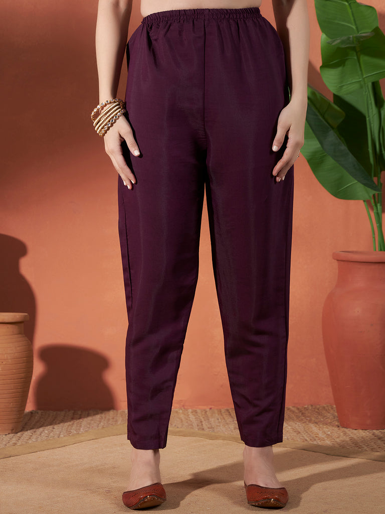 Women's Purple Roman Viscose Embroidery Work Kurta Set