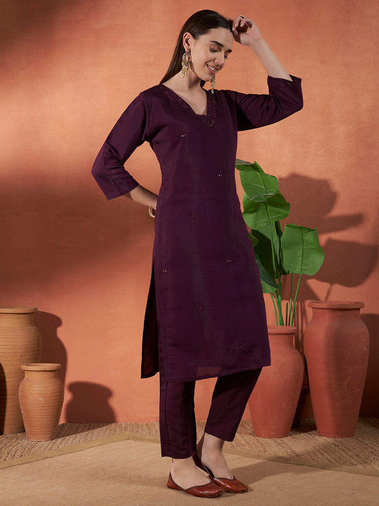 Women's Purple Roman Viscose Embroidery Work Kurta Set