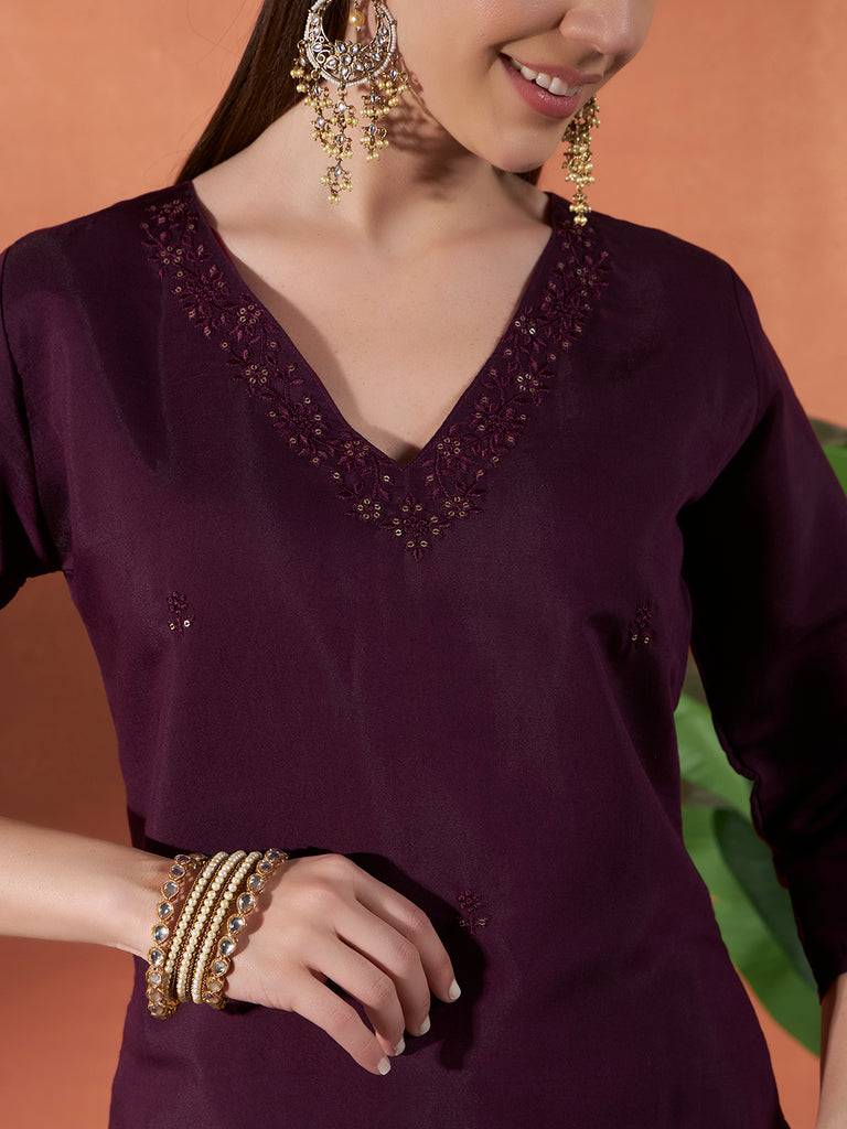 Women's Purple Roman Viscose Embroidery Work Kurta Set