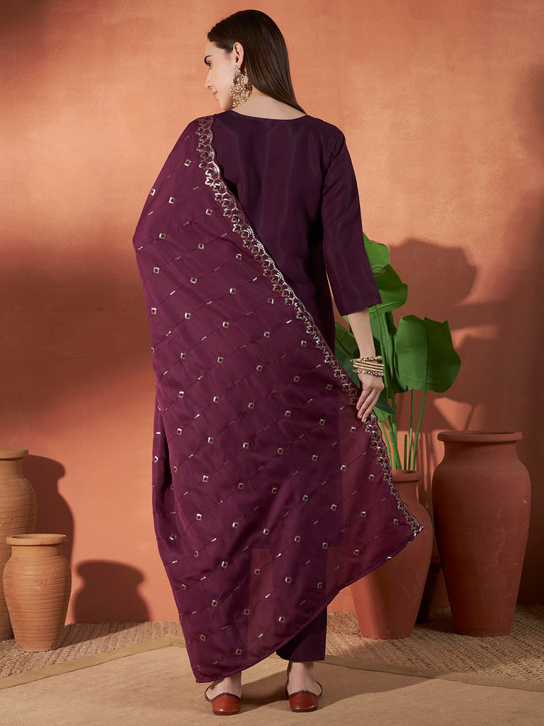 Women's Purple Roman Viscose Embroidery Work Kurta Set