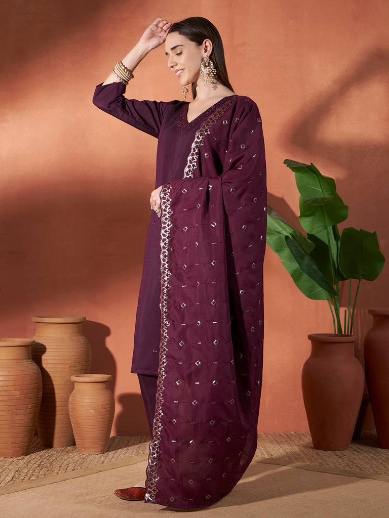 Women's Purple Roman Viscose Embroidery Work Kurta Set
