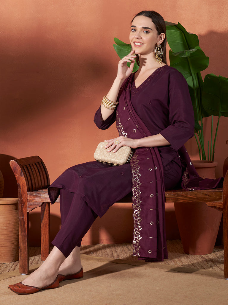 Women's Purple Roman Viscose Embroidery Work Kurta Set
