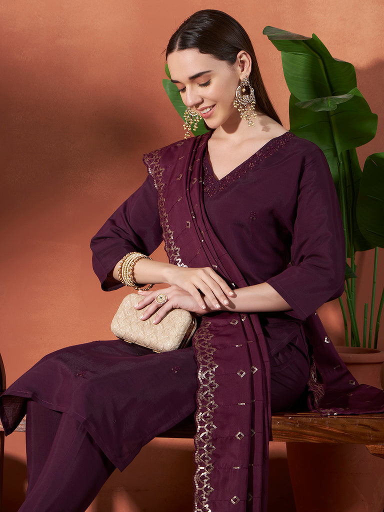 Women's Purple Roman Viscose Embroidery Work Kurta Set