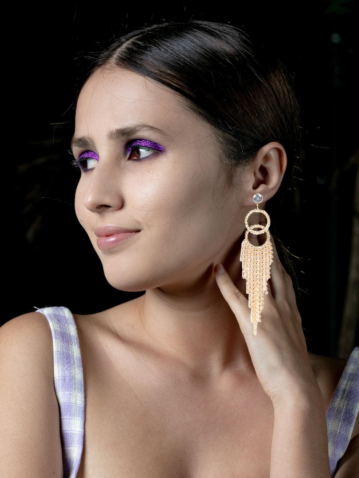 Women's Double Rounded Crystal-Embellished Tassel Drop Earring