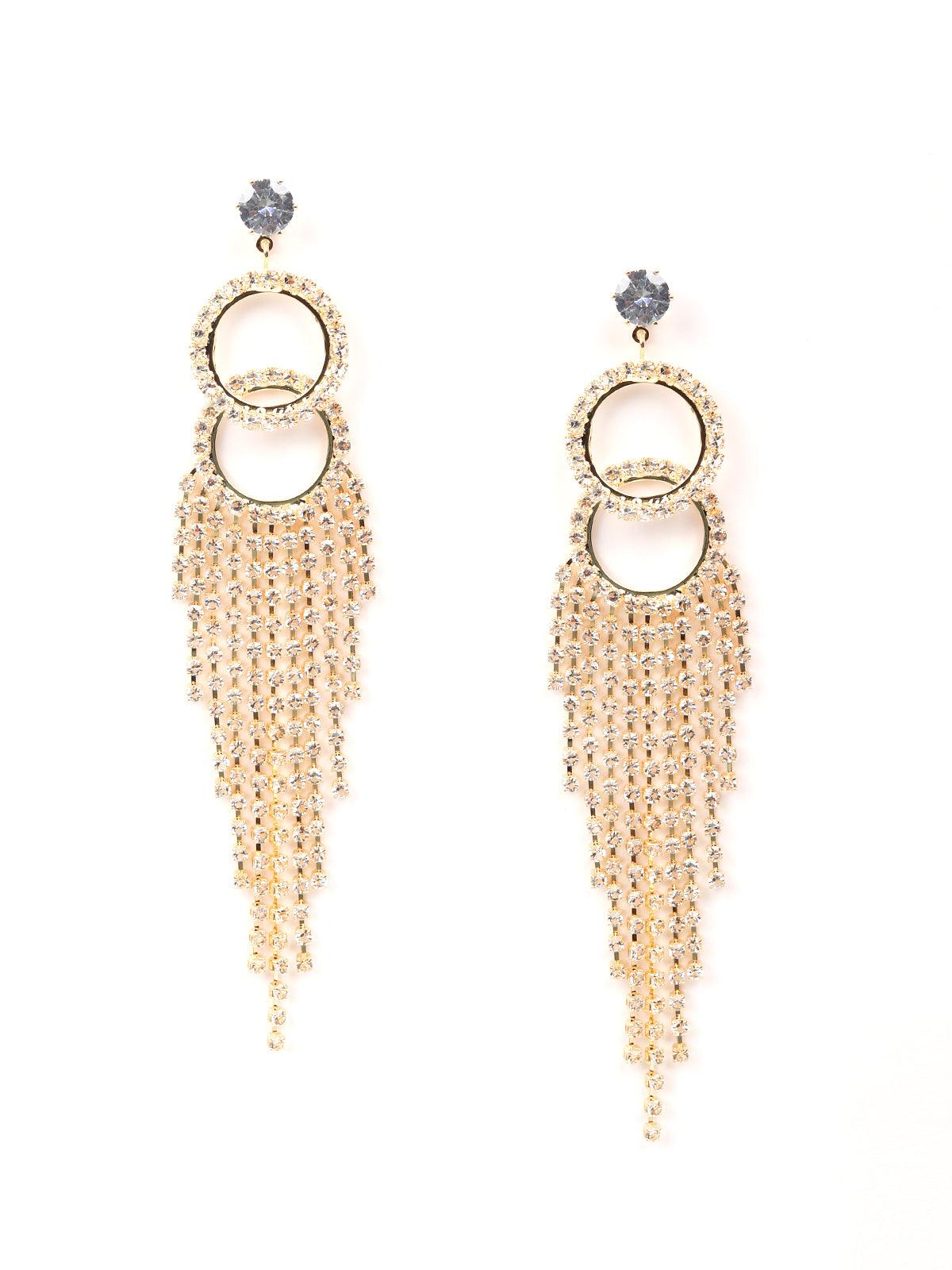 Women's Double Rounded Crystal-Embellished Tassel Drop Earring