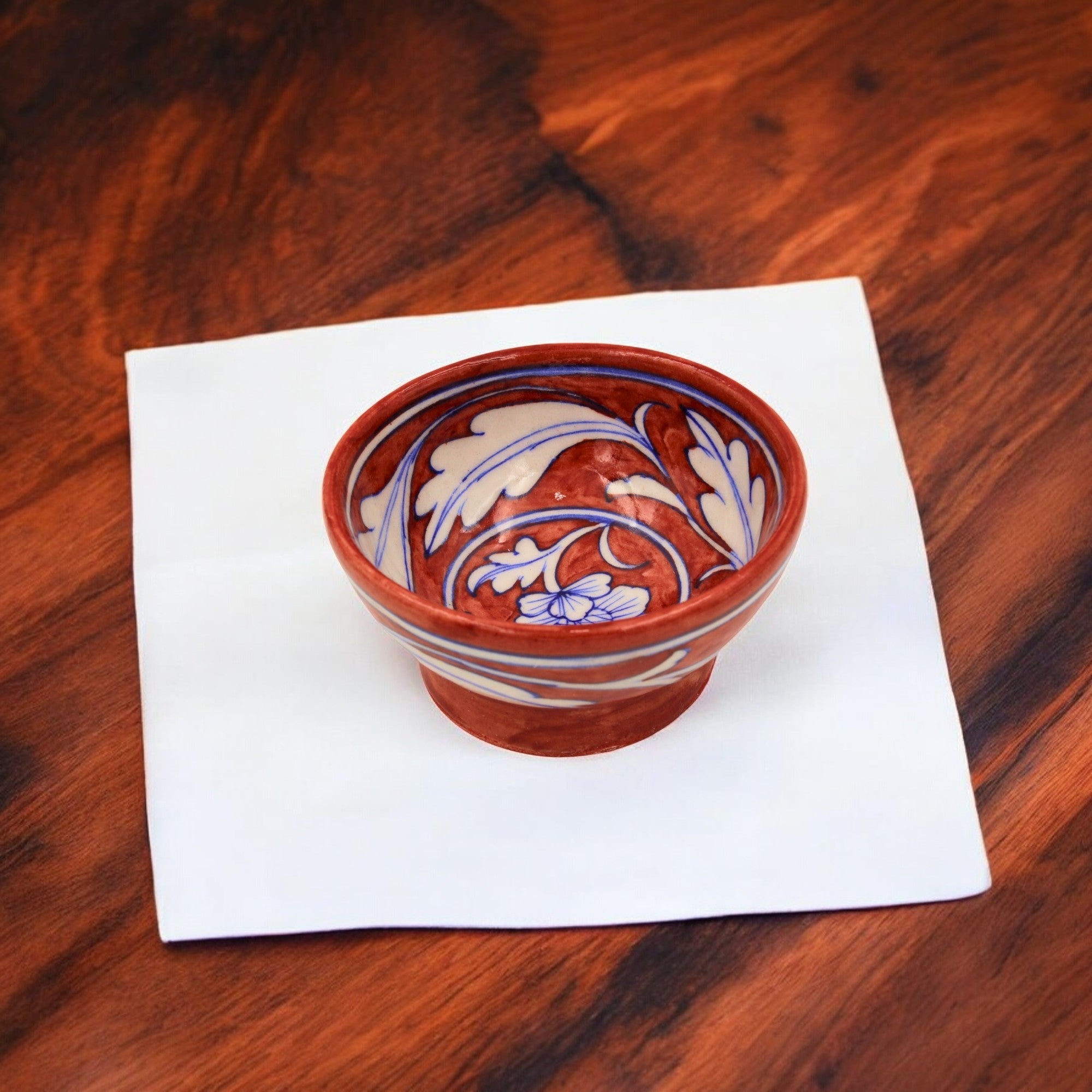 Blue Pottery Round Bowl - Maroon - Natriel