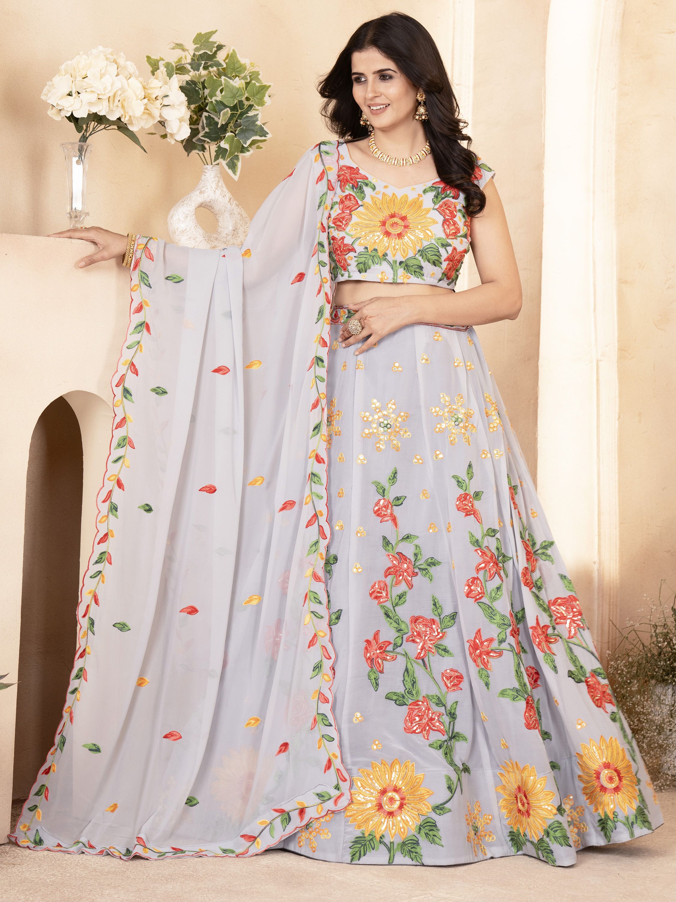 Women's Cute Grey Floral Embroidered Georgette Engagement Wear Lehenga Choli | Trendia Global Women's Cute Grey Floral Embroidered Georgette Engagement Wear Lehenga Choli | Trendia Global
