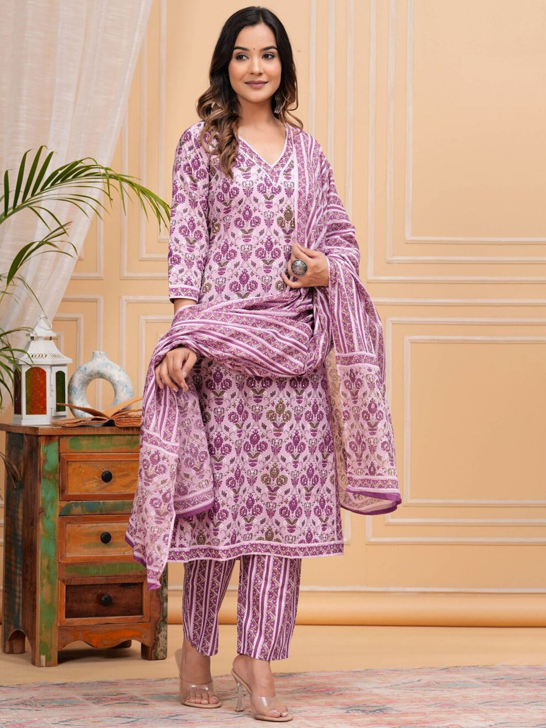 Women's Floral Printed Regular Pure Cotton Straight Kurta with Palazzos & With Dupatta - Taantav