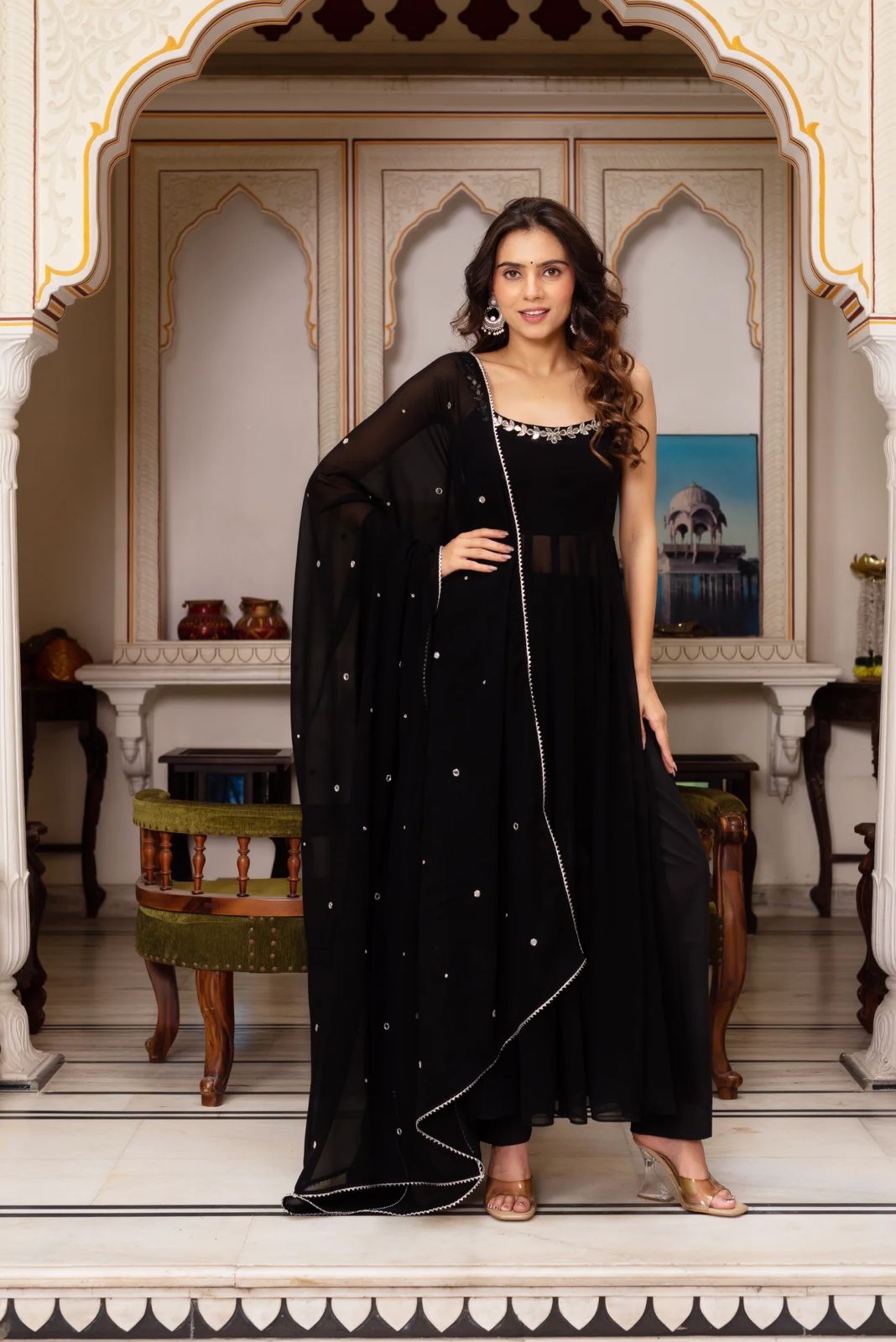 Women's Black Colour Faux Gorgette Plazzo Pair