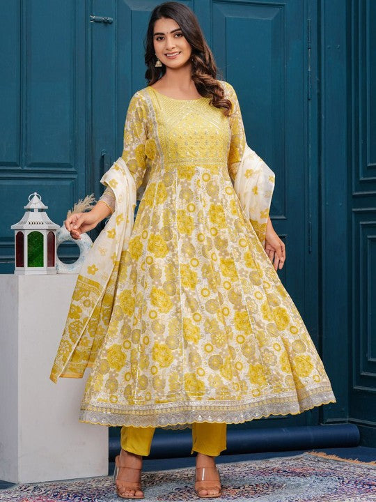 Women's Floral Embroidered Regular Cotton Kurta with Trousers & With Dupatta
