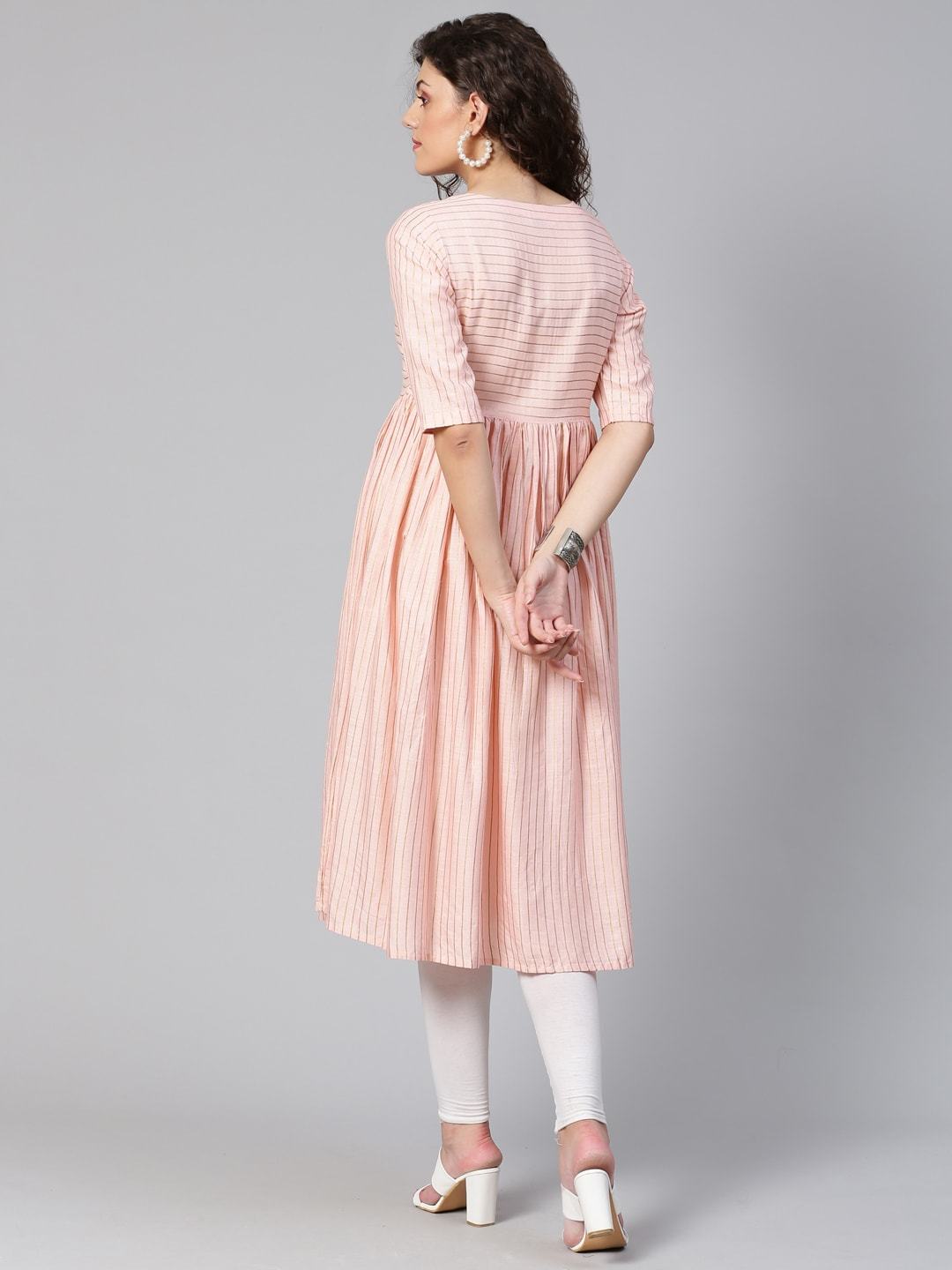 Women's Pink & Golden Striped Anarkali Kurta